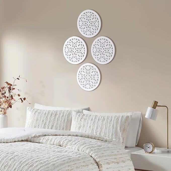 Wood Wall Art - Wall Panels in Handcrafted Carved Wood For Livingroom Bedroom,Dining room,Elegant Decorative Wall Art for Home & Office 12x12" Set of 6 white Antique