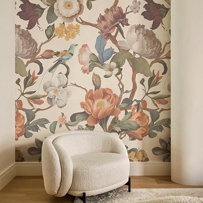 Zeeko Floral Peel and Stick Wallpaper Mural Beige Flower Wallpaper for Bedroom TV Background Large Wall Murals Wall Paintings Art Deco 98" H x 59" W (Covers 40 sq. ft.)