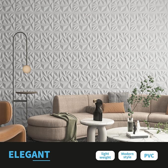 Art3d 33-Pack 3D Wall Panels for Interior Wall Decor, Modern Diamond Textured Accent Wall Paneling for Gaming Living Room TV Wall Background, 12 x 12 inch White, A10342