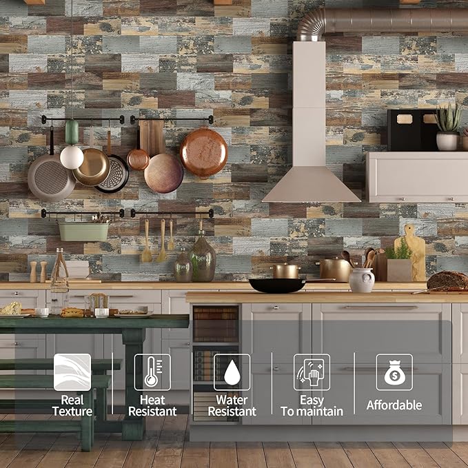 Yipscazo Peel and Stick backsplash 3 x 6 Inches 3D PVC Composite Wall Tile Stick on Backsplash Tile for Kitchen Bathroom, Laundry Room, Fireplace(Rustic Wood, 160 Pieces)