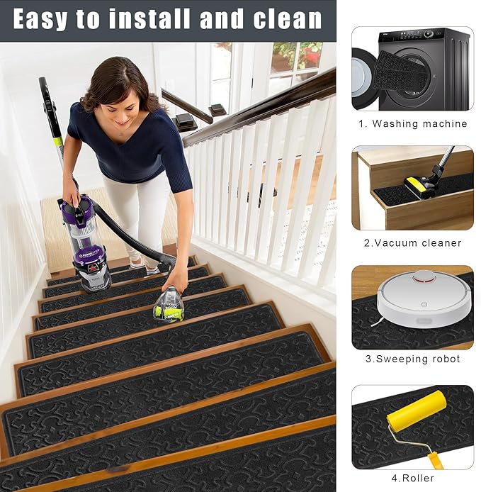 15Pcs Stair Treads for Wooden Steps With Self Adhesive, 8"x30" Non Slip Stair Runners-Peel & Stick Indoor Stair Carpet Runner, Resistant Runner for Kids, Elders and Pets, Black