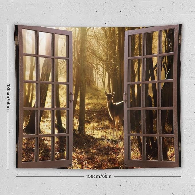 ZhiRain Forest Tapestry Wall Hanging Natural Forest And Deer at Sunset Pattern Tapestries Home Decor for Living Room Bedroom Apartment Farmhouse Dorm 50"x60"