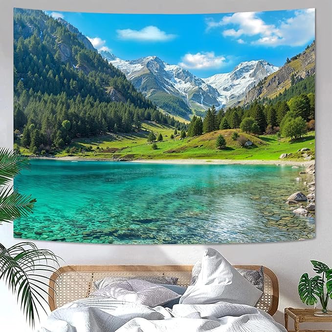 Zussun Nature Forest Mountain Tapestry Lush Green Pine Tree Lake Tapestry for Bedroom Aesthetic Meadow Mountain Landscape Small Tapestries Wall Hanging for Dorm Living Room Decor 48 x 36 Inch