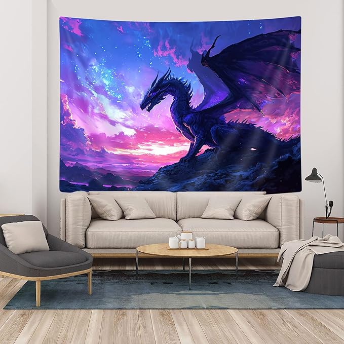 YDIDIAN Purple Dragon Wall Art, Medieval Fantasy Animals Cool Dragon Tapestry, Dreamy Starry Sky Art Aesthetics Wall Decor for Home College Dorm Living Room, Panels 90 x 70IN