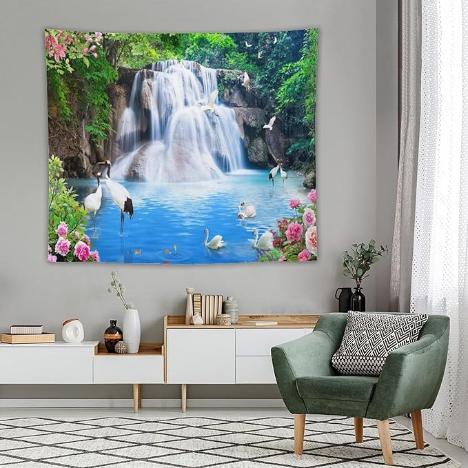 ZhiRain Waterfall Landscape Tapestry Wall Hanging Natural Forest Garden Trees And Roses Flower Scenery Tapestries Home Decor for Living Room Bedroom Apartment Farmhouse Dorm 50"x60"