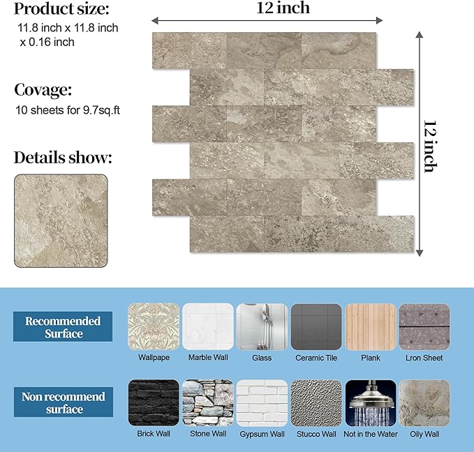 10-Pack Peel and Stick Tile Backsplash 12"X12" PVC Wall Tiles, Stick on Backsplash for Kitchen, Bathroom Tile, Fireplace Décor, Laundry Table, Stair Decals in Brownish Stone