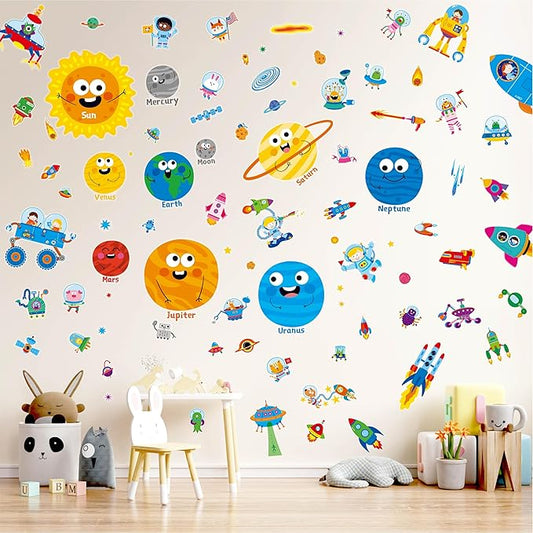 142 PCS Outer Space Wall Decals, Self-Adhesive Vinyl Stickers, Universe Solar System, Planets, Astronauts, Rocket, Aliens, Stars, Colorful Wall Decors for Kids Room, Playroom, Classroom