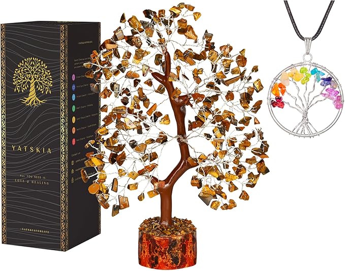 YATSKIA Tiger Eye Crystal Tree - Tree of Life - Tiger Eye Stone - Reiki Gifts - Gemstone Tree - Spiritual Decor - Crystal Decor - Chakra Decor - Metaphysical Gifts - Chakra Stones - Home Office Decor