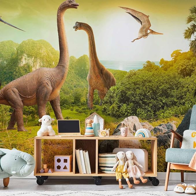 artgeist Wall Mural 3D Effect 116x83 in - Peel and Stick Self-Adhesive Wallpaper Removable Large Sticker Foil Wall Decor Print Picture Image Design - Dinosaurs City 10110902-10