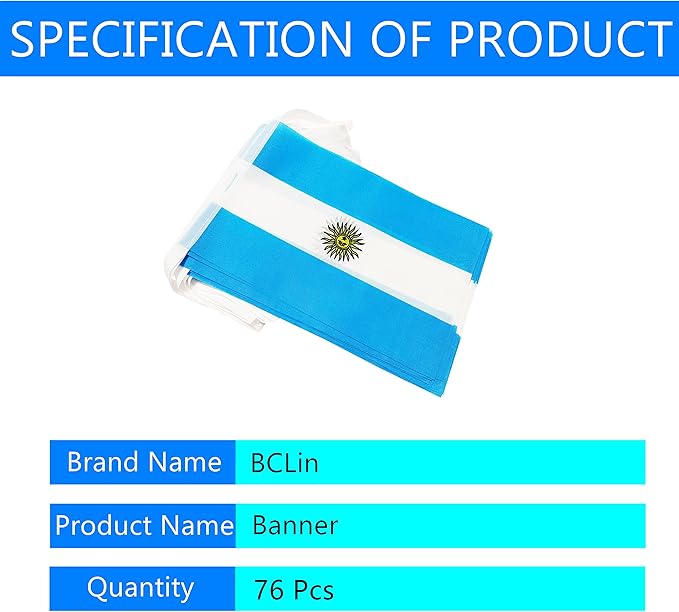 100 Feet Argentina Argentine Banner Flag String, Argentina Mini Flag Small Banner, for Party, Shops and Bars Decorations, Outdoor Decorations, 76 Flags