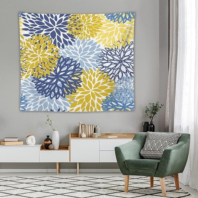ZhiRain Blue Yellow Floral Tapestry Wall Hanging Boho Dahlia Chrisanthemum Flowers Pattern Tapestries Home Decor for Living Room Bedroom Farmhouse Apartment Dorm 50"x60"