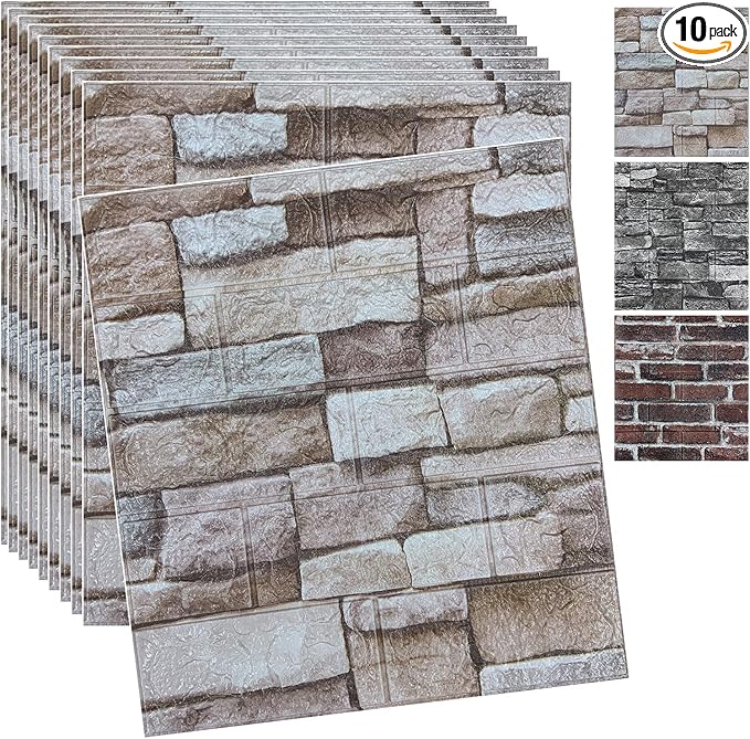10PCS 3D Wall Panels Peel and Stick 3D Brick Wallpaper Peel and Stick Faux Stone Wall Panel Foam Brick Self-Adhesive Wallpaper (Rock,10pcs)