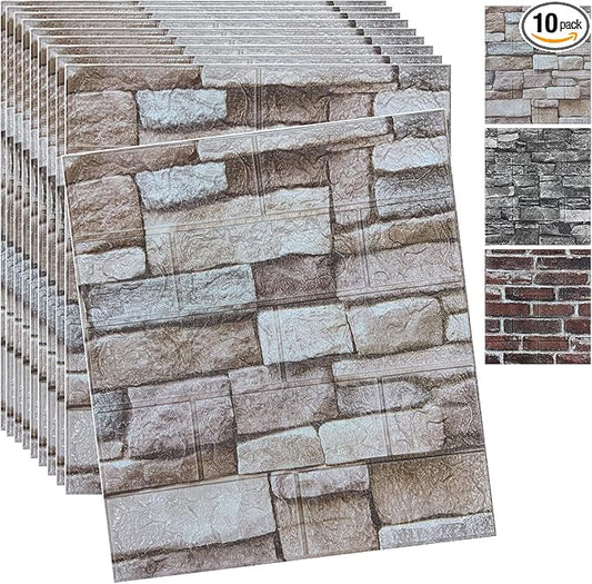 10PCS 3D Wall Panels Peel and Stick 3D Brick Wallpaper Peel and Stick Faux Stone Wall Panel Foam Brick Self-Adhesive Wallpaper (Rock,10pcs)