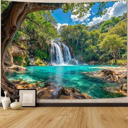 Zussun Nature Forest Tree Tapestry Flowing Waterfall Green Jungle Tapestry for Bedroom Aesthetic Teal Lake Landscape Large Tapestries Wall Hanging for Dorm Living Room Decor 80 x 60 Inch