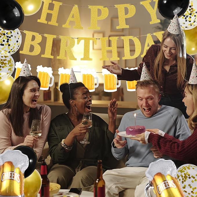 ZHENGYE Gold Birthday Party Decorations Set Beer Happy Birthday Banner Beer Banner Beer Balloons Latex Balloon Beer Themed Party Men Women Birthday Party Decorations