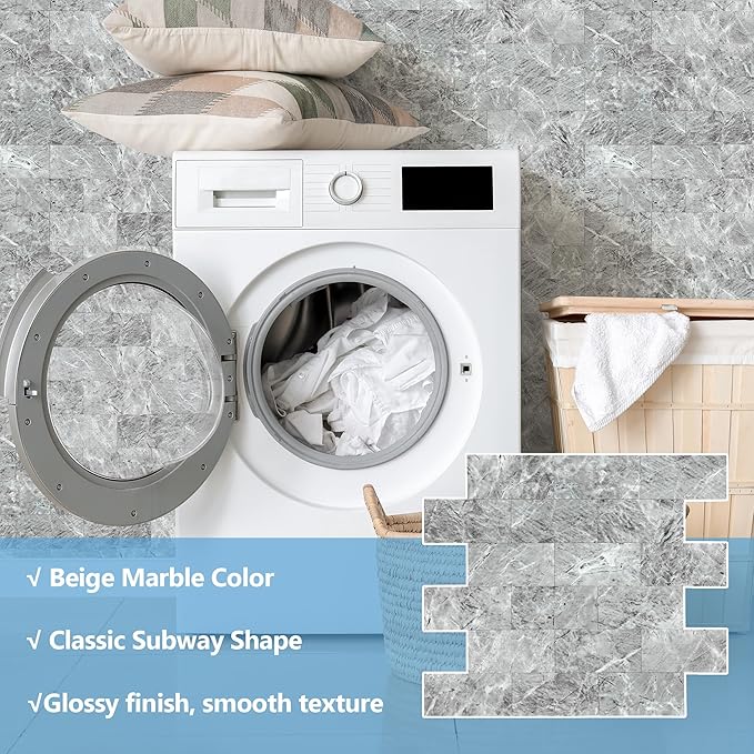 20-Pack Peel and Stick Tile Backsplash 12"X12" PVC Wall Tiles, Stick on Backsplash for Kitchen, Bathroom Tile, Fireplace Décor, Laundry Table, Stair Decals in Vintage Polished Gray