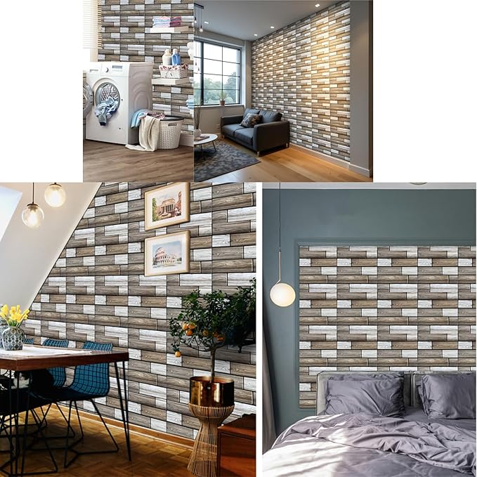 10PCS 3D Wall Panels Peel and Stick, Brick Pattern in Brown and Rust Tones Faux Stone Wall Panel Foam Brick Self-Adhesive Wallpaper (11.8in*11.8in) (Grey Wooden)
