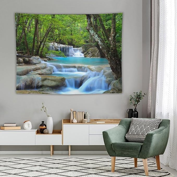 ZhiRain Waterfall Tree Tapestry Wall Hanging Natural Scenery Forest Garden Spring Stone River Tapestries Home Decor for Living Room Bedroom Apartment Farmhouse Dorm 60"x80"