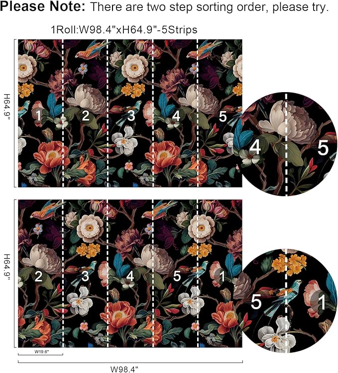 Zeeko Wall Mural Peel and Stick Black Floral Wallpaper Mural Canvas Fabric Vintage Dark Wallpaper for Room TV Background 98" W x 65" H (5 Strips) Large Wall Paintings Home Decor