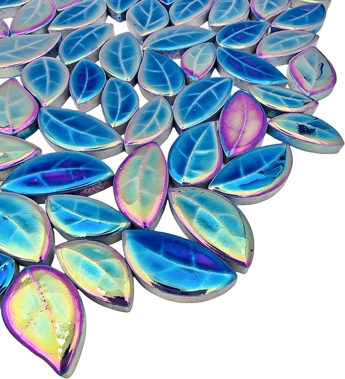500g/1.1lb Leaf-Shaped Ceramic Mosaic Tiles,Ceramic Mosaic Pieces for Crafts,Mosaic Tiles for Home Decoration or DIY Crafts,Mosaic Making Supplies. (Iridescent Royal Blue)