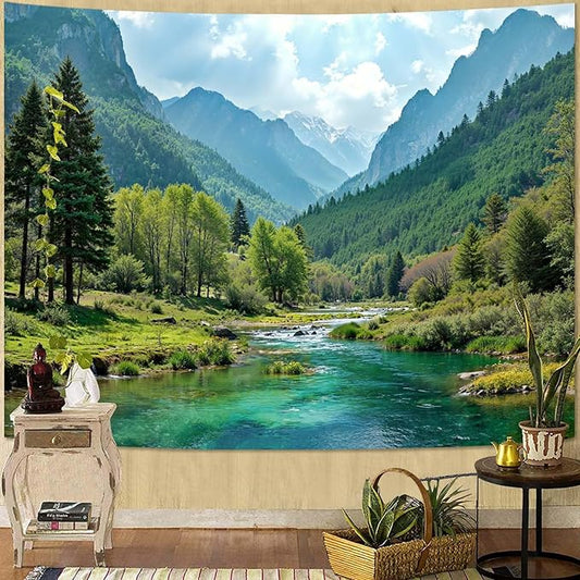 Zussun Nature Mountain Forest Tapestry Sage Green Tree Stream Wall Tapestry for Bedroom Aesthetic Lush Woodland Landscape Small Tapestries Wall Hanging for Dorm Living Room Decor 48 x 36 Inch
