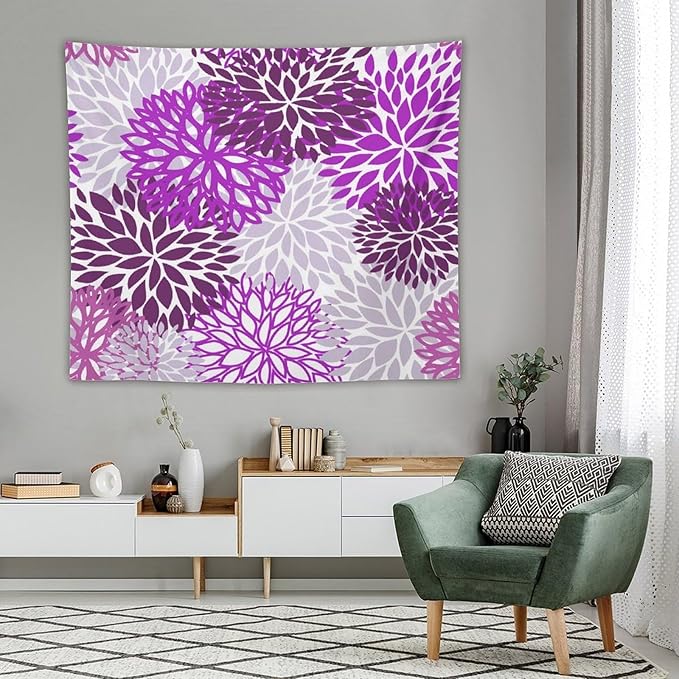 ZhiRain Dahlia Flower Tapestry Wall Hanging Purple Abstract Floral Chrisanthemum Pattern Tapestries Home Decor for Living Room Bedroom Farmhouse Apartment Dorm 50"x60"