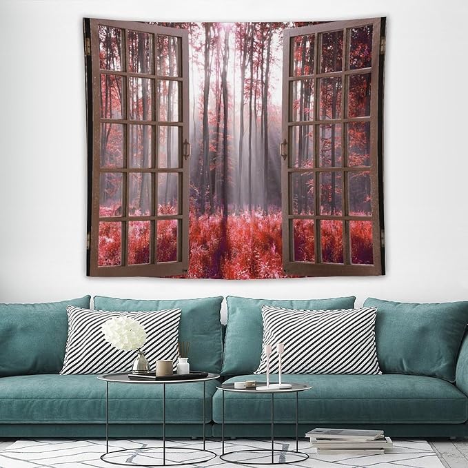 ZhiRain Red Forest Tapestry Wall Hanging Season Foggy Nature And Enchanted Woods Wild Trees Print Tapestries Home Decor for Living Room Bedroom Apartment Farmhouse Dorm 50"x60"