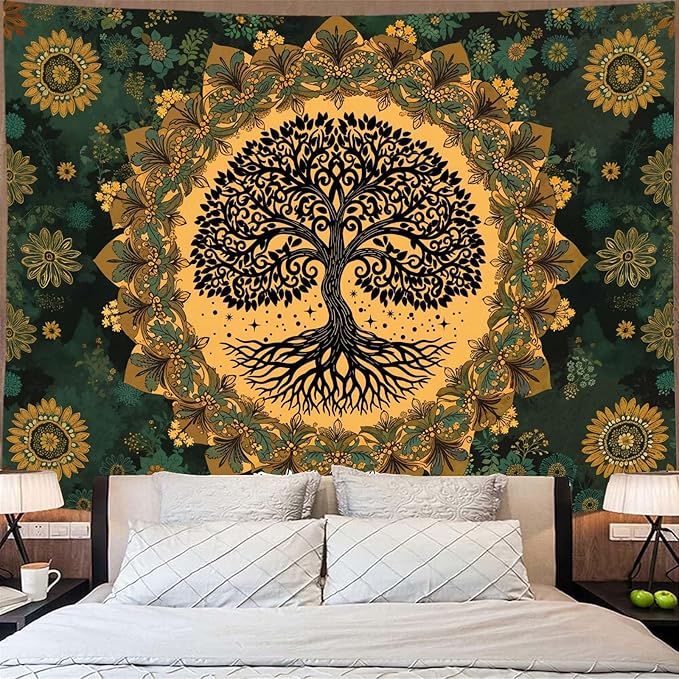 Zussun Tree of Life Tapestry Vintage Boho Mandala Tapestries for Bedroom Aesthetic Retro Bohemian Green Yellow Plant Floral Flowers Leaves Tapestry Wall Hanging for Dorm Living Room 80 x 60 Inch