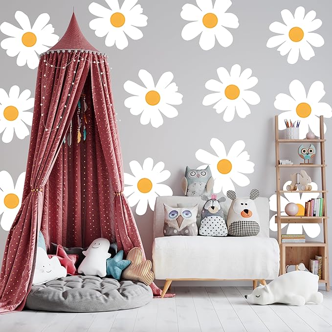 12 Sheets Daisy Wall Decals Big Daisy Wall Stickers White Flower Wall Stickers Peel Floral Stickers for Kids Girls Nursery Playroom Bedroom Living Room Wall Décor