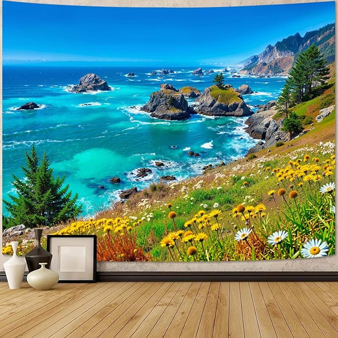 Zussun Nature Mountain Tapestry Coastal Mountain Grassland Tapestry for Bedroom Aesthetic Blue Ocean Landscape Large Tapestries Wall Hanging for Dorm Living Room Decor 80 x 60 Inch