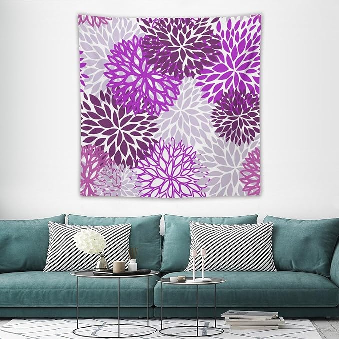 ZhiRain Dahlia Flower Tapestry Wall Hanging Purple Abstract Floral Chrisanthemum Pattern Tapestries Home Decor for Living Room Bedroom Farmhouse Apartment Dorm 60"x60"