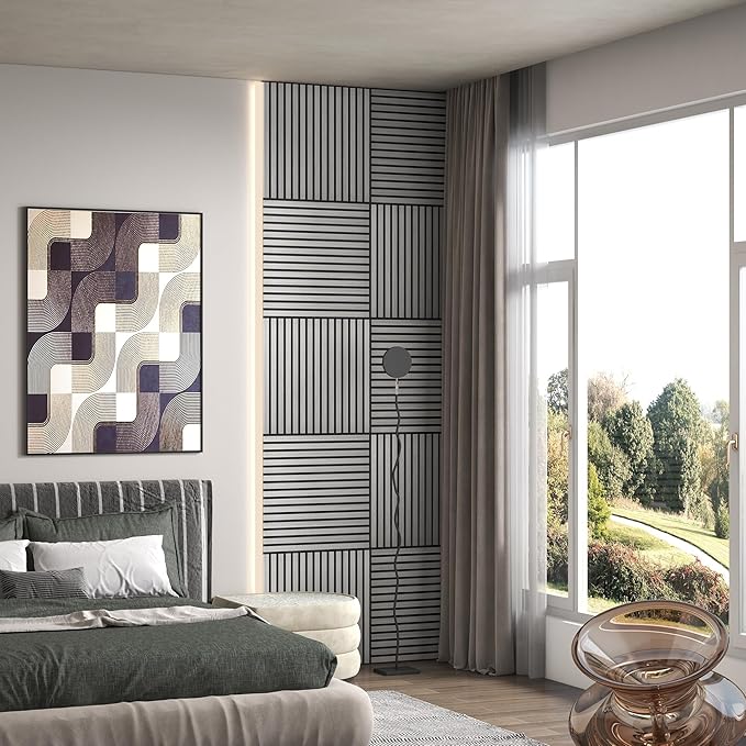 Acoustic Panels, Wood Slat for Wall & Soundproofing Wall Panels，3D Wall Panels High Density Sound Dampening Panels，4 Pack 24"x24" ，Gray