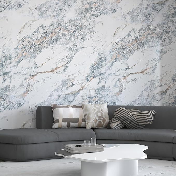 394x48inch Wide White Blue Marble Paper kitchen Granite Countertops Laminate Contact Paper Waterproof peel and stick Wallpaper Removable Vinyl Wrap Bathroom Counter Wall Top Sticker Pvc Marble Papers