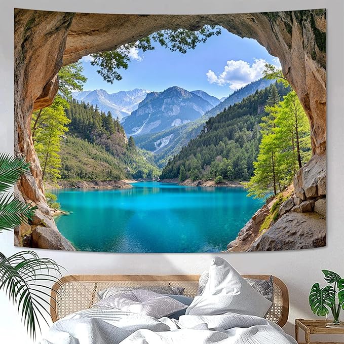 Zussun Nature Forest Mountain Tapestry Cave Pine Tree Tapestry for Bedroom Aesthetic Teal Lake Landscape Small Tapestries Wall Hanging for Dorm Living Room Decor 48 x 36 Inch
