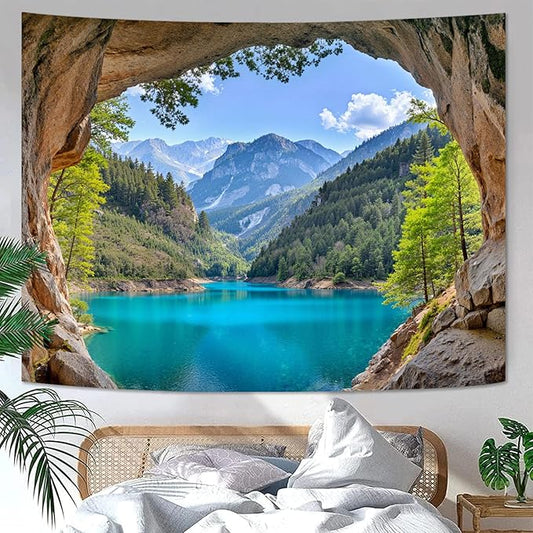 Zussun Nature Forest Mountain Tapestry Cave Pine Tree Tapestry for Bedroom Aesthetic Teal Lake Landscape Small Tapestries Wall Hanging for Dorm Living Room Decor 48 x 36 Inch