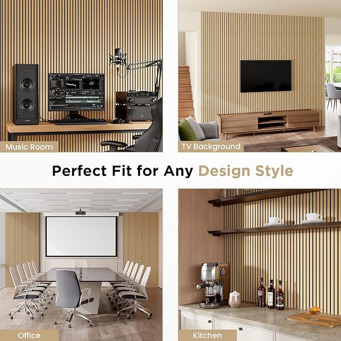 Wood Slat Acoustic Panels, 94" x 12.6" Each Soundpoof Wooden Slat Wall Panel - White Oak, 4 Pack