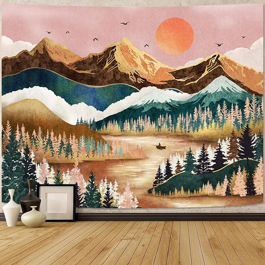 Zussun Mountain Tapestry Nature Forest Tree Tapestries for Bedroom Aesthetic Sunset Tapastry's Wall Hanging Orange and Green Landscape Wall Tapestry for Living Room Dorm (Orange, 90'' × 68'')