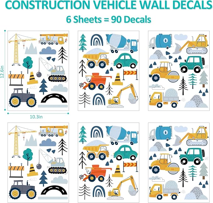 AOWDIAO Construction Vehicle Wall Decals – 90Pcs Reusable Peel and Stick Vinyl Stickers for Kids’ Room, Nursery & Playroom – Removable Truck Decoration for Boys & Toddlers