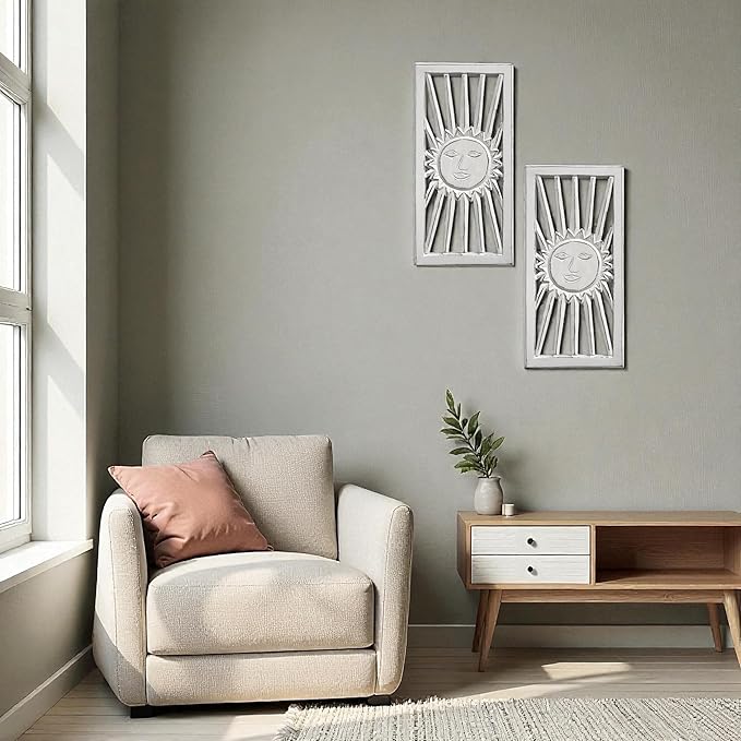 Wood Wall Art - Wall Panels in Handcrafted Carved Wood For Livingroom Bedroom,Dining room,Elegant Decorative Wall Art for Home & Office 8x16" Set of 2 White Antique_Sun Burst Designs