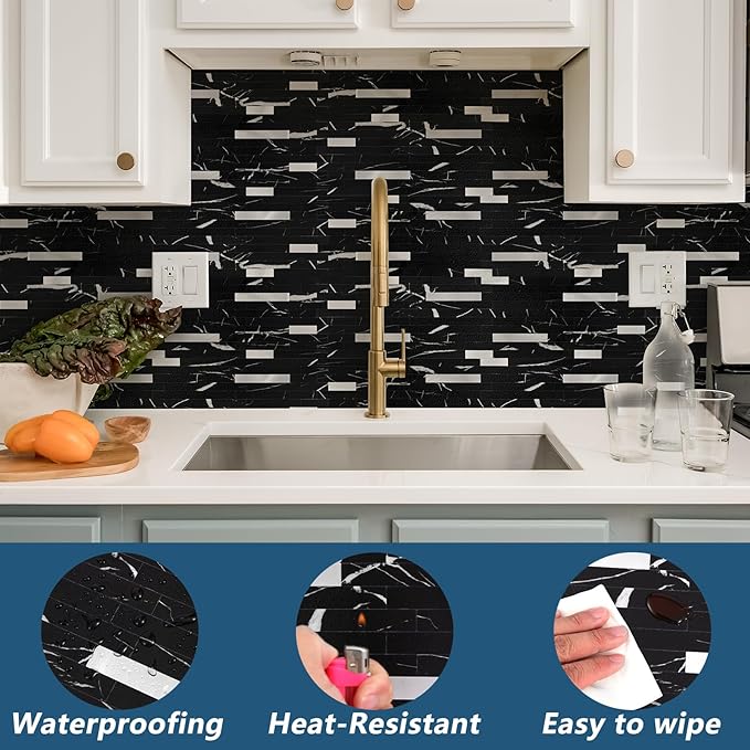 Yipscazo 40 Sheets Peel and Stick Stone Metal Backsplash Tiles, PVC Wall Tiles Stick on Backsplash for Kitchen, Bathroom (6'' X 12'', Black Rock)