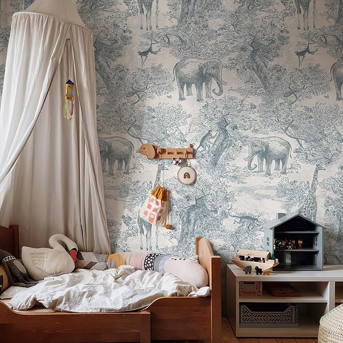 Zeeko Nursery Safari Animal Jungle Wall Mural Peel and Stick 148" W x 98" H Vintage French Canvas Waterproof Self-Adhesive Removable Wallpaper for Kids Room Bedroom Large Art Wall Decor