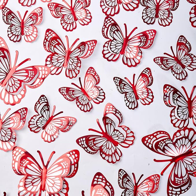 36PCS Butterfly Wall Decals - 3D Butterflies Wall Stickers Removable Mural Decor Wall Stickers Decals Home Decor Room Bedroom Decor Living Room Decor (Red)