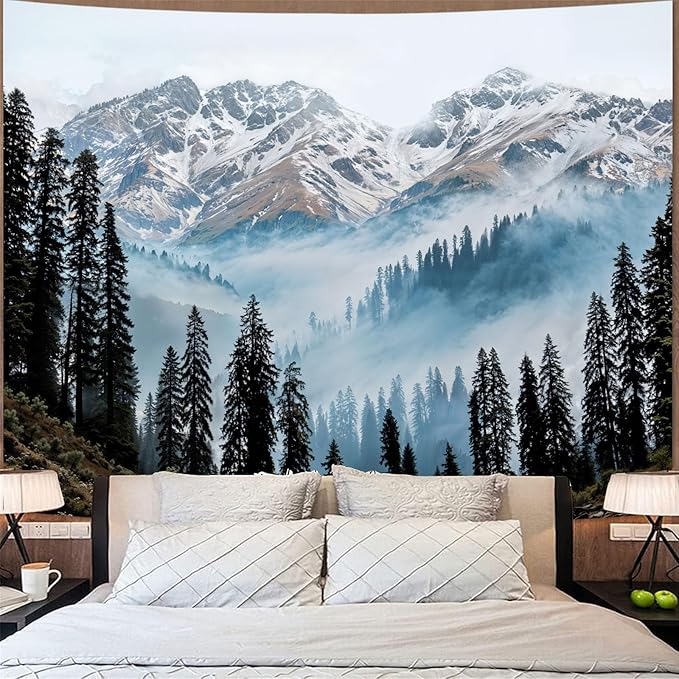 Zussun Nature Mountain Forest Tapestry Pine Tree Jungle Wall Tapestry for Bedroom Aesthetic Misty Snowy Landscape Small Tapestries Wall Hanging for Dorm Living Room Decor 48 x 36 Inch