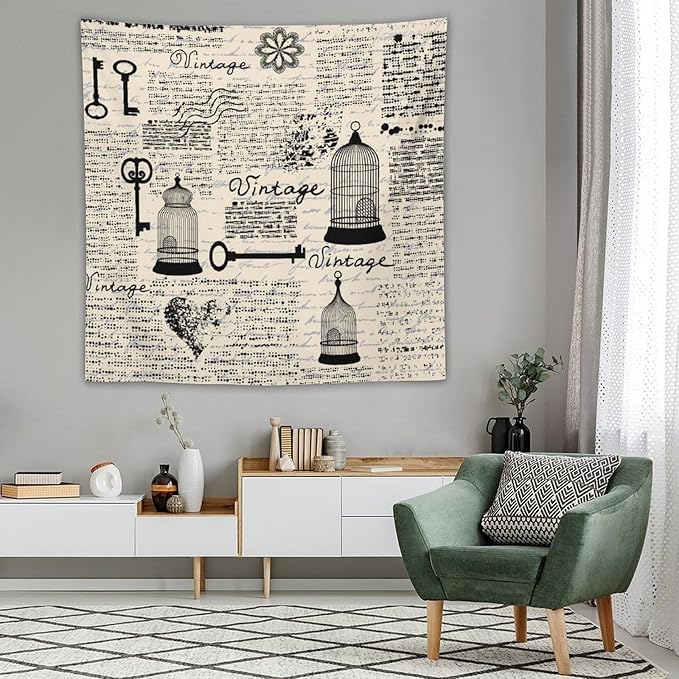 ZhiRain Old Newspaper Tapestry Wall Hanging Bird Cages Grunge Retro Pattern Keys Heart Shapes And Flower Tapestries Home Decor for Living Room Bedroom Apartment Farmhouse Dorm 60"x60"