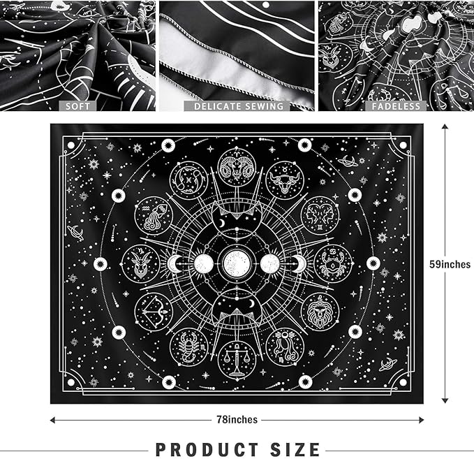Zodiac Astrology Witchy Wall Tapestry, Black White Constellation for Wall Hanging Decor, Stars Space Psychedelic Bedroom Aesthetics, Living Room, Home, Dorm (59 x 78 inches)