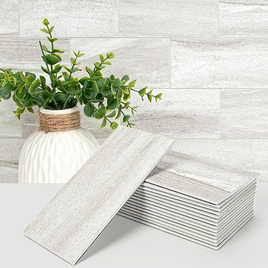 Art3d 102-Piece Faux Stone Peel and Stick Backsplash Tile, Waterproof Thick PVC Stick On Subway Wall Tile for Kitchen Bathroom Laundry Room Fireplace - 3" x 6" Biege Marble