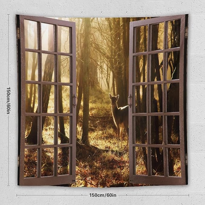 ZhiRain Forest Tapestry Wall Hanging Natural Forest And Deer at Sunset Pattern Tapestries Home Decor for Living Room Bedroom Apartment Farmhouse Dorm 60"x60"