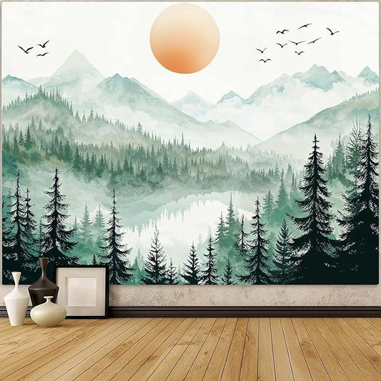 Accnicc Misty Forest Mountain Tapestry Sage Green Nature Pine Tree Wall Tapestry for Bedroom Aesthetic Watercolor Woods Lake Large Tapestries Wall Hanging for Living Room Dorm Decor 80 x 60 Inch
