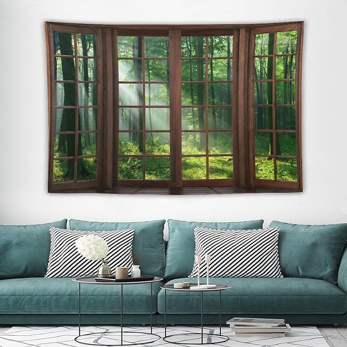 ZhiRain Forest Tapestry Wall Hanging Green Tree Full Scenery Window Jungle Wild Nature Landscape Print Tapestries Home Decor for Living Room Bedroom Apartment Farmhouse Dorm 60"x90"