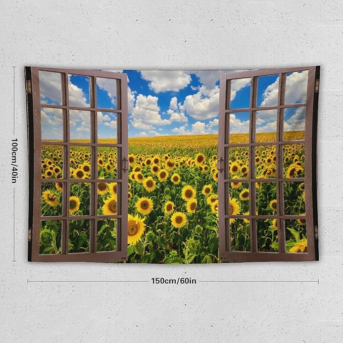 ZhiRain Sunflowers Scenery Tapestry Wall Hanging Fields Blue Sky White Clouds Landscape Tapestries Home Decor for Living Room Bedroom Farmhouse Apartment Dorm 40"x60"